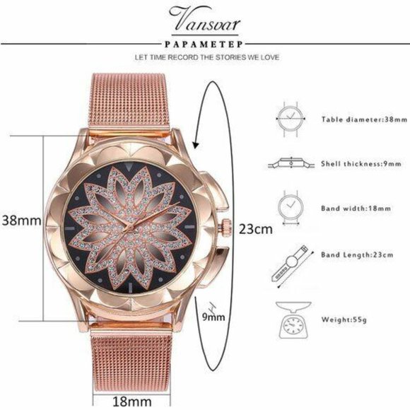 Fashion Women Rose Gold Flower Vansvar Rhinestone Wrist Watch display picture 3